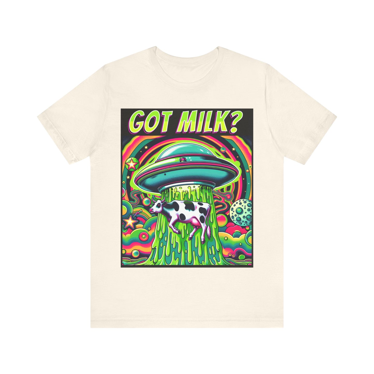 "Whimsical 'Got Milk' t-shirt featuring an alien abduction scene with a playful twist."