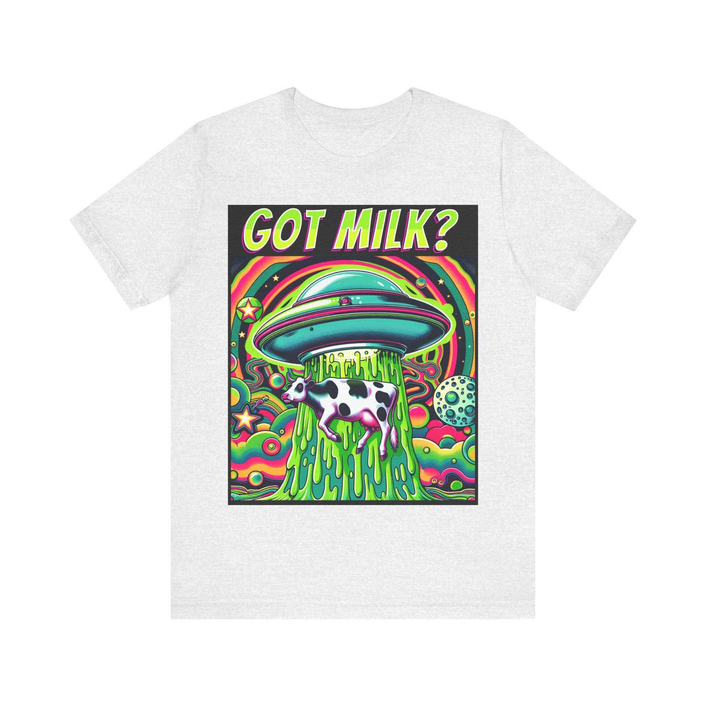 "Whimsical 'Got Milk' t-shirt featuring an alien abduction scene with a playful twist."