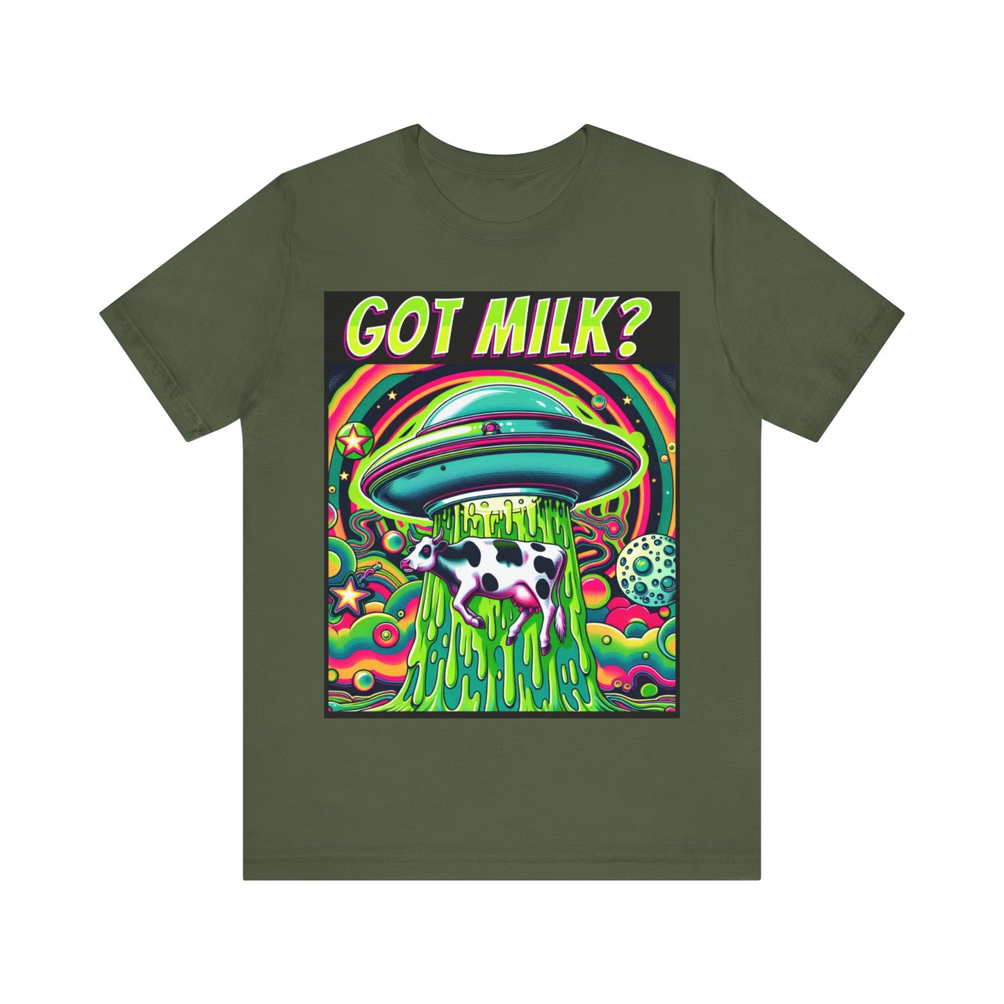 "Whimsical 'Got Milk' t-shirt featuring an alien abduction scene with a playful twist."