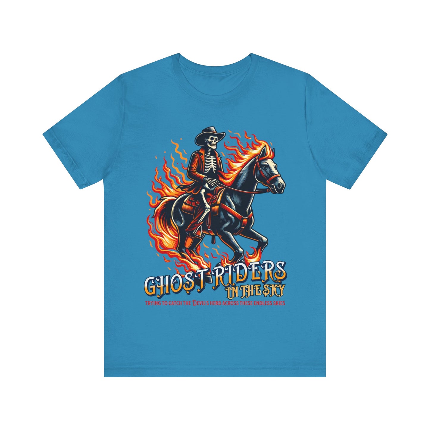 "Ride into the sunset with our 'Ghost Riders' tee, inspired by Johnny Cash's iconic song. Embrace the spirit of the wild west with this timeless design. Get yours now!"