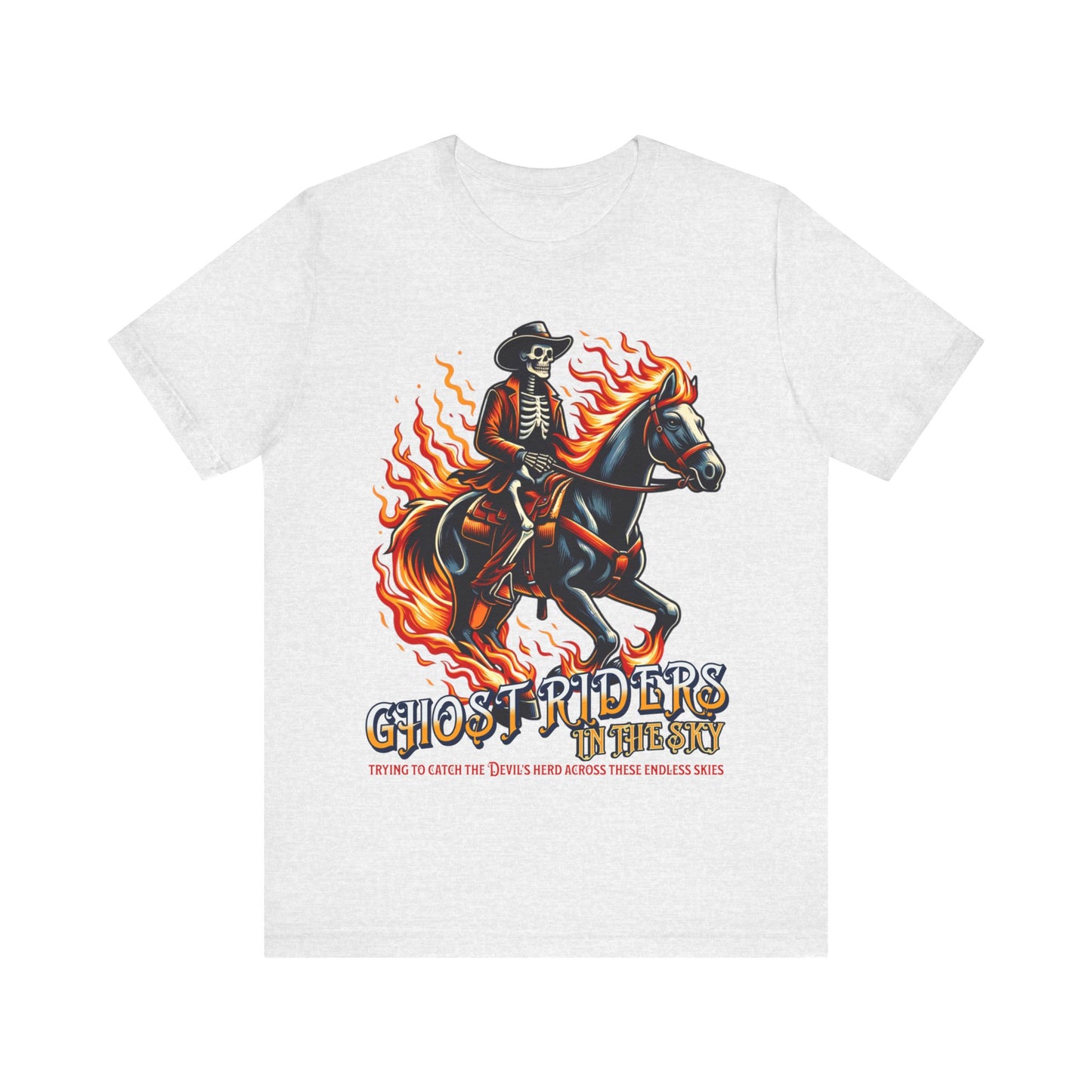"Ride into the sunset with our 'Ghost Riders' tee, inspired by Johnny Cash's iconic song. Embrace the spirit of the wild west with this timeless design. Get yours now!"