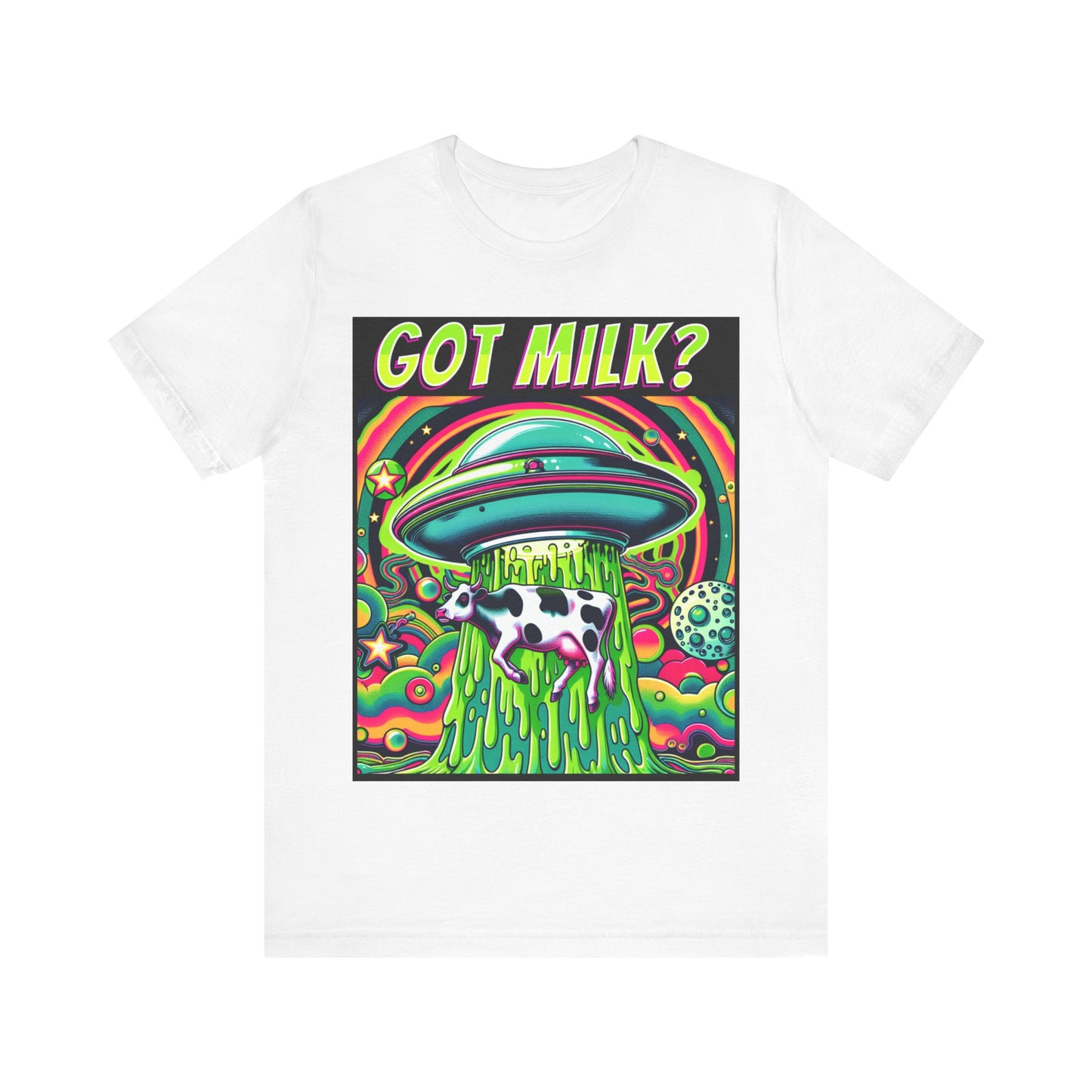 "Whimsical 'Got Milk' t-shirt featuring an alien abduction scene with a playful twist."
