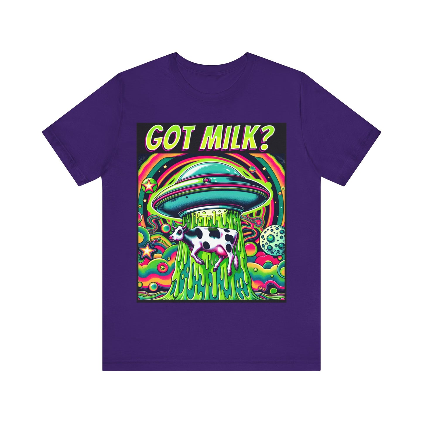 "Whimsical 'Got Milk' t-shirt featuring an alien abduction scene with a playful twist."