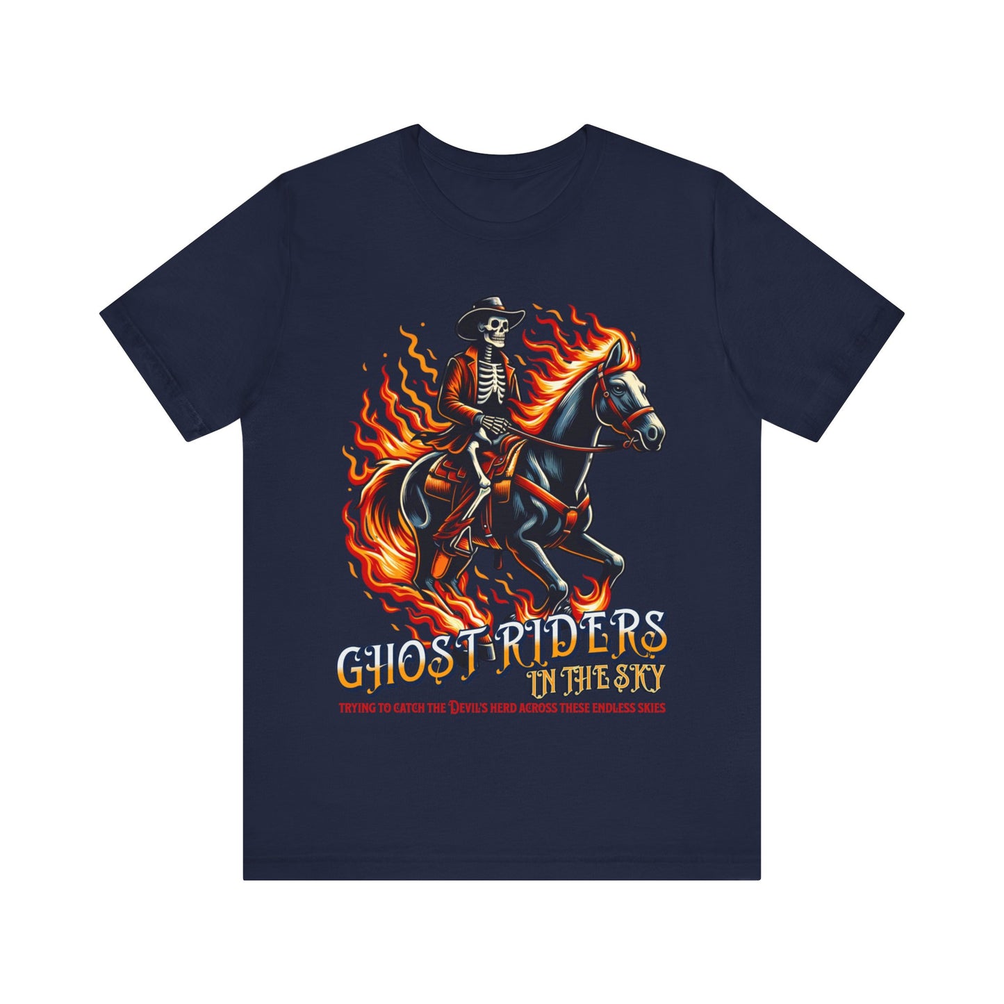 "Ride into the sunset with our 'Ghost Riders' tee, inspired by Johnny Cash's iconic song. Embrace the spirit of the wild west with this timeless design. Get yours now!"