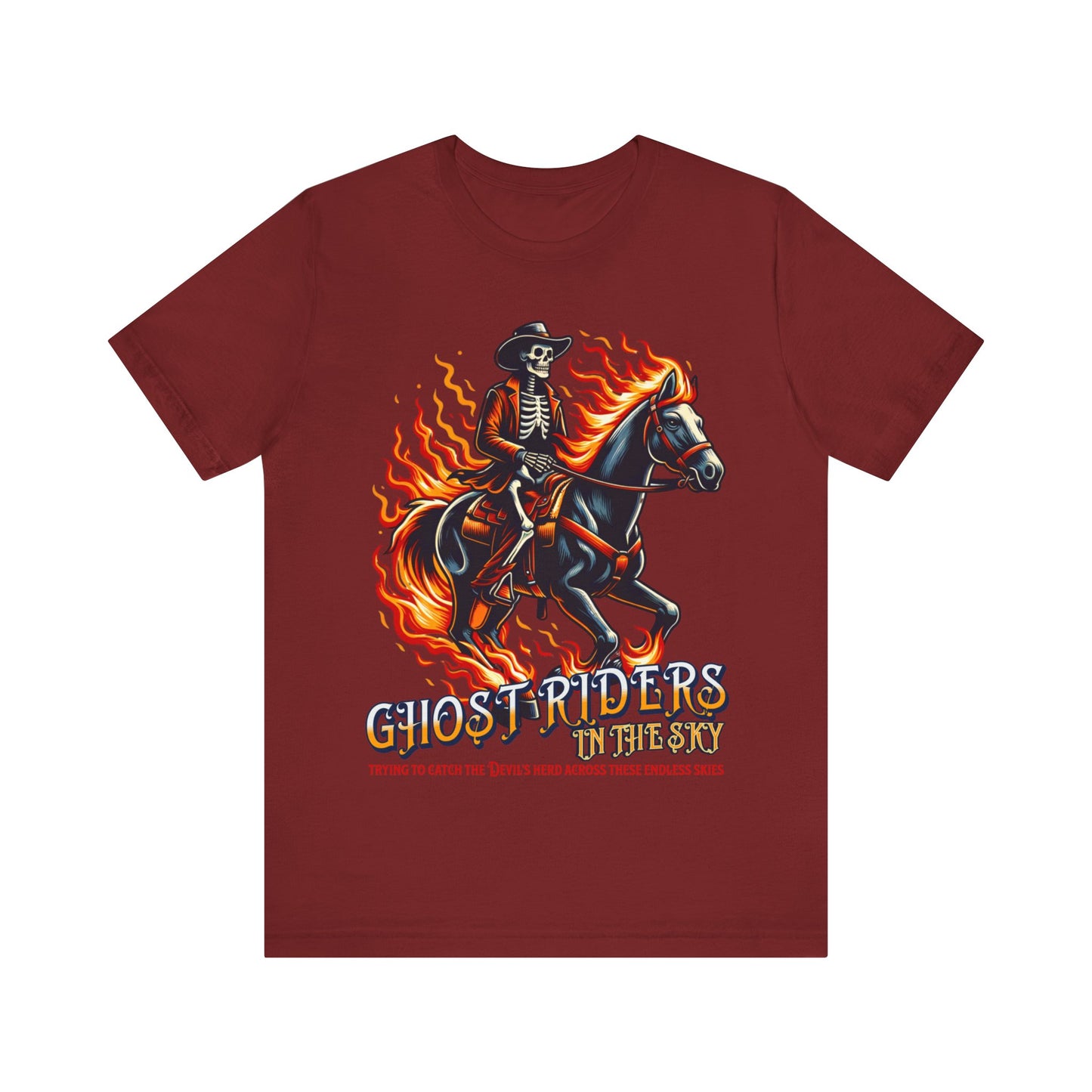 "Ride into the sunset with our 'Ghost Riders' tee, inspired by Johnny Cash's iconic song. Embrace the spirit of the wild west with this timeless design. Get yours now!"