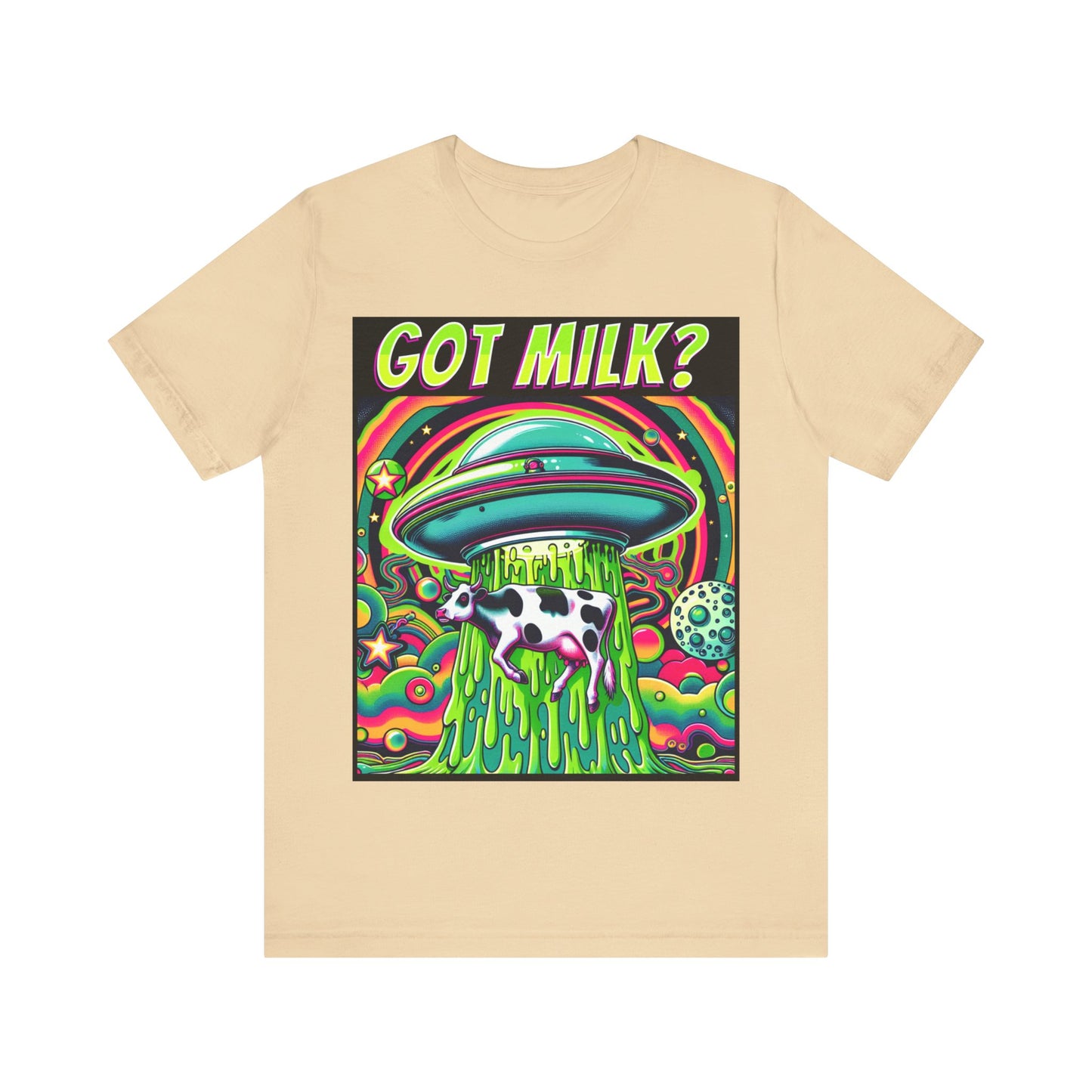 "Whimsical 'Got Milk' t-shirt featuring an alien abduction scene with a playful twist."