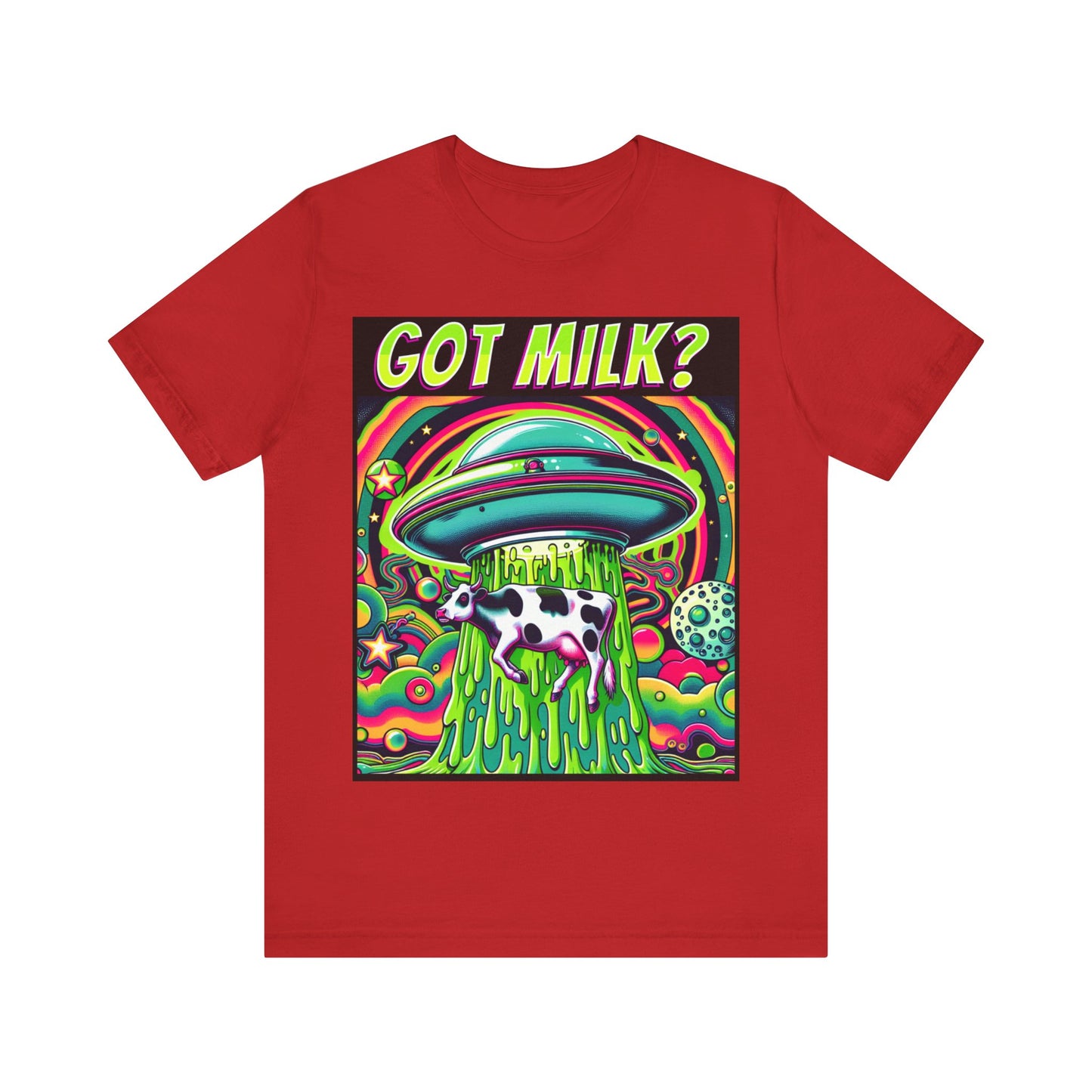 "Whimsical 'Got Milk' t-shirt featuring an alien abduction scene with a playful twist."