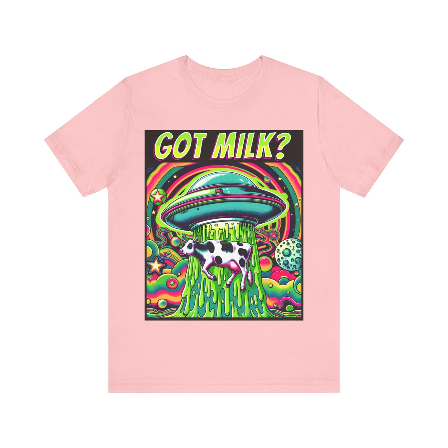"Whimsical 'Got Milk' t-shirt featuring an alien abduction scene with a playful twist."
