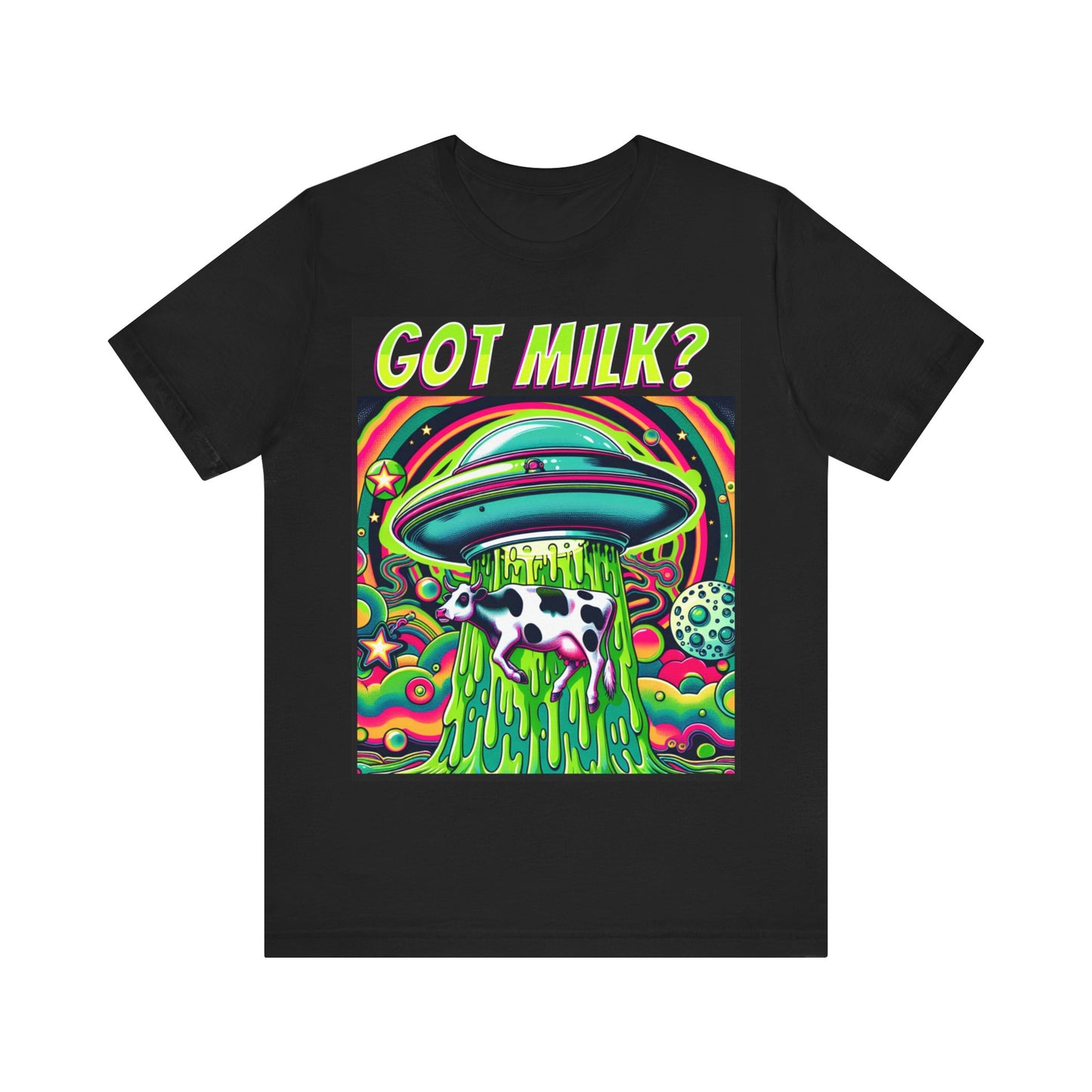 "Whimsical 'Got Milk' t-shirt featuring an alien abduction scene with a playful twist."