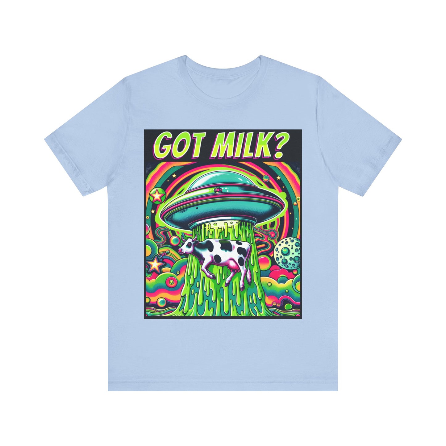 "Whimsical 'Got Milk' t-shirt featuring an alien abduction scene with a playful twist."