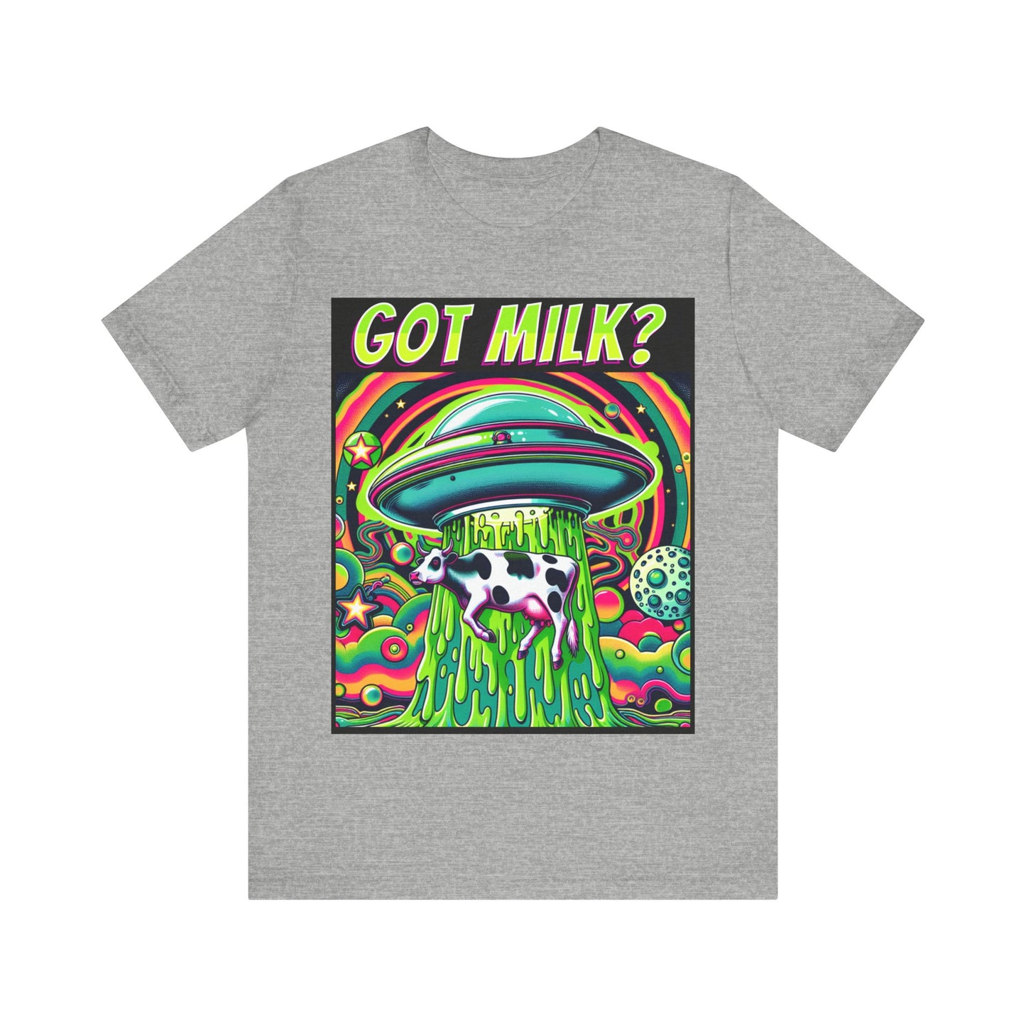 "Whimsical 'Got Milk' t-shirt featuring an alien abduction scene with a playful twist."