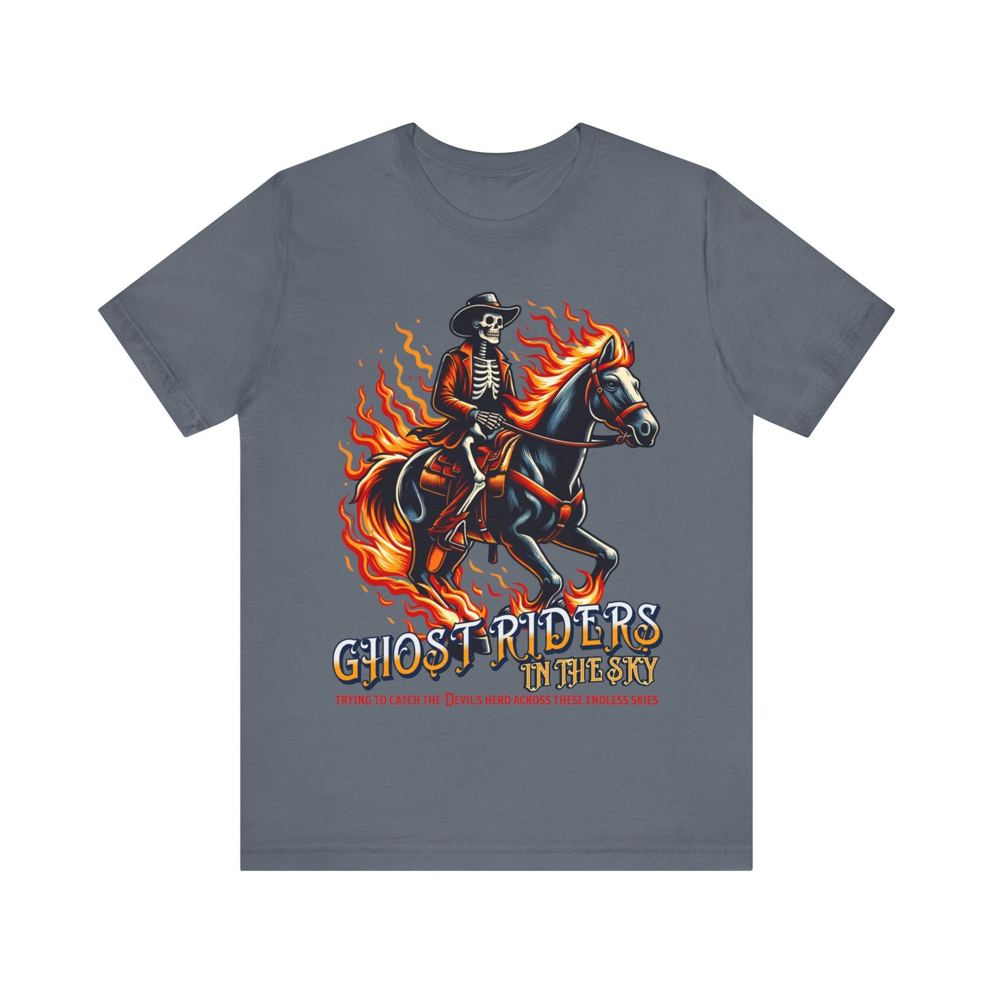 "Ride into the sunset with our 'Ghost Riders' tee, inspired by Johnny Cash's iconic song. Embrace the spirit of the wild west with this timeless design. Get yours now!"