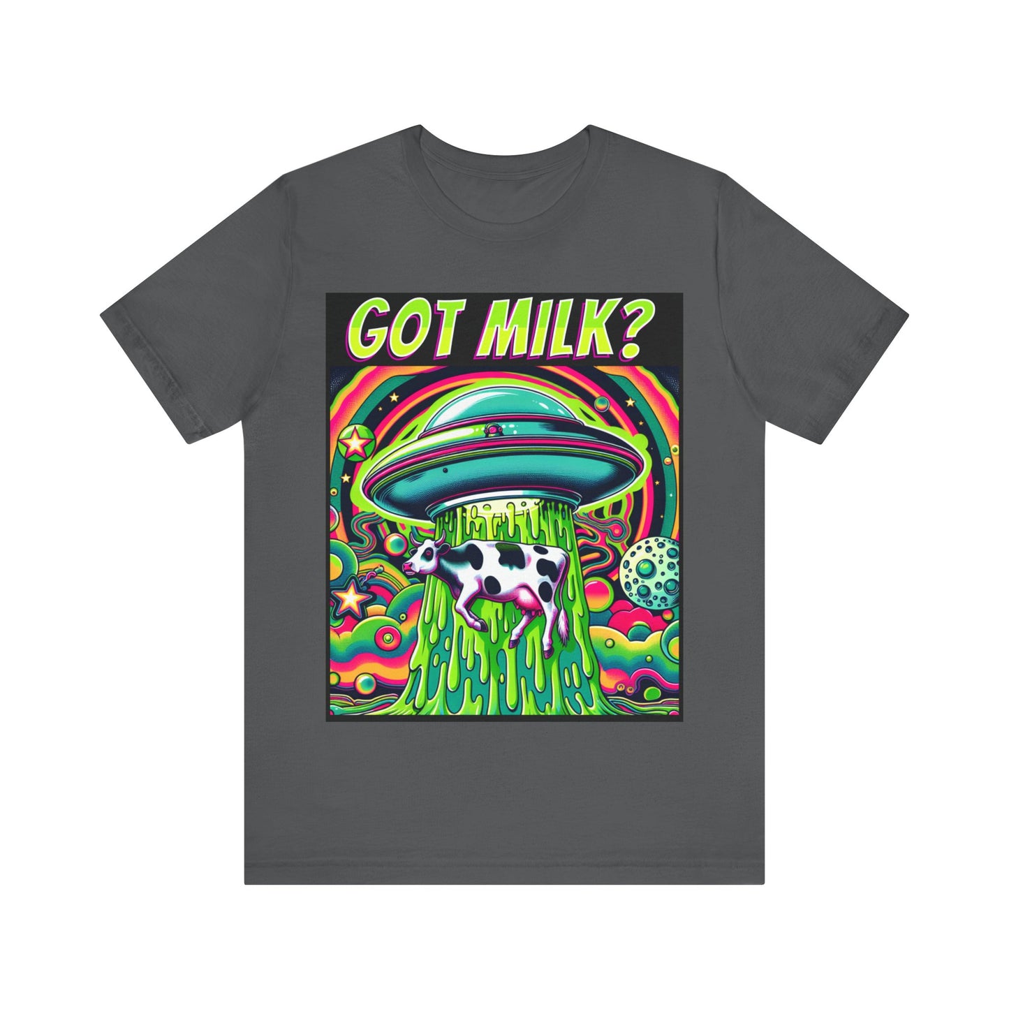 "Whimsical 'Got Milk' t-shirt featuring an alien abduction scene with a playful twist."