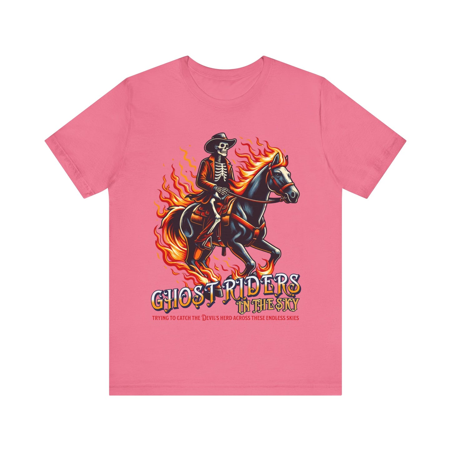 "Ride into the sunset with our 'Ghost Riders' tee, inspired by Johnny Cash's iconic song. Embrace the spirit of the wild west with this timeless design. Get yours now!"
