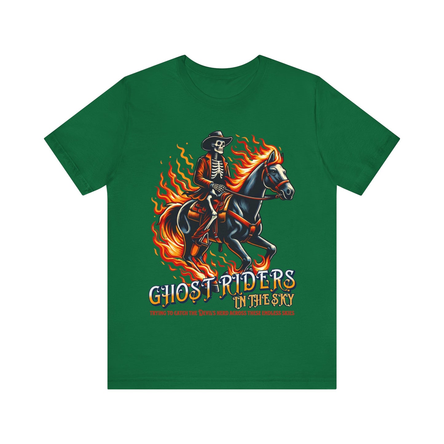 "Ride into the sunset with our 'Ghost Riders' tee, inspired by Johnny Cash's iconic song. Embrace the spirit of the wild west with this timeless design. Get yours now!"