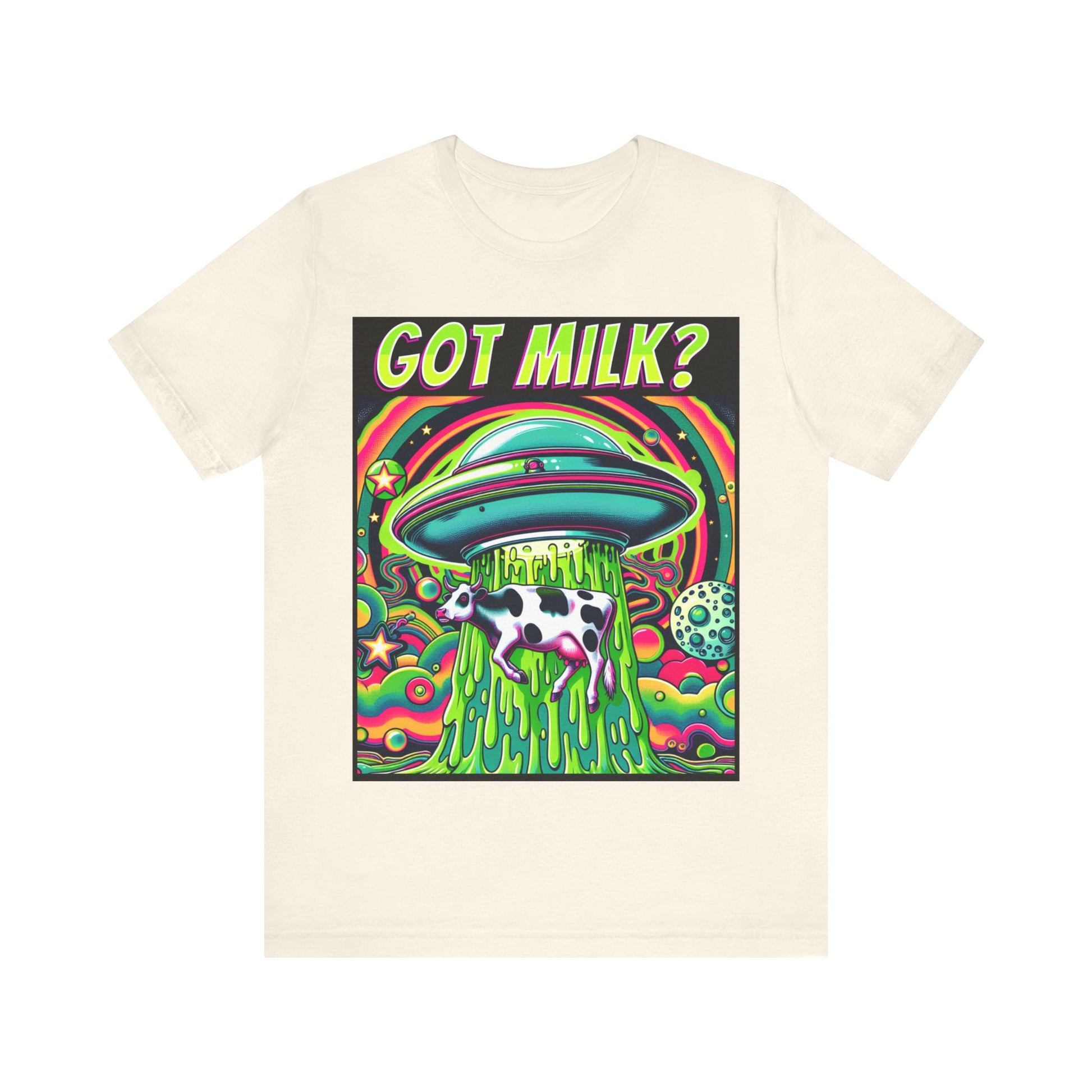 "Whimsical 'Got Milk' t-shirt featuring an alien abduction scene with a playful twist."