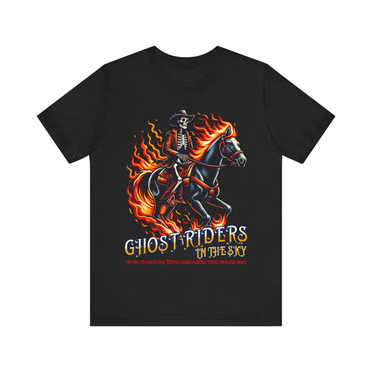 "Ride into the sunset with our 'Ghost Riders' tee, inspired by Johnny Cash's iconic song. Embrace the spirit of the wild west with this timeless design. Get yours now!"