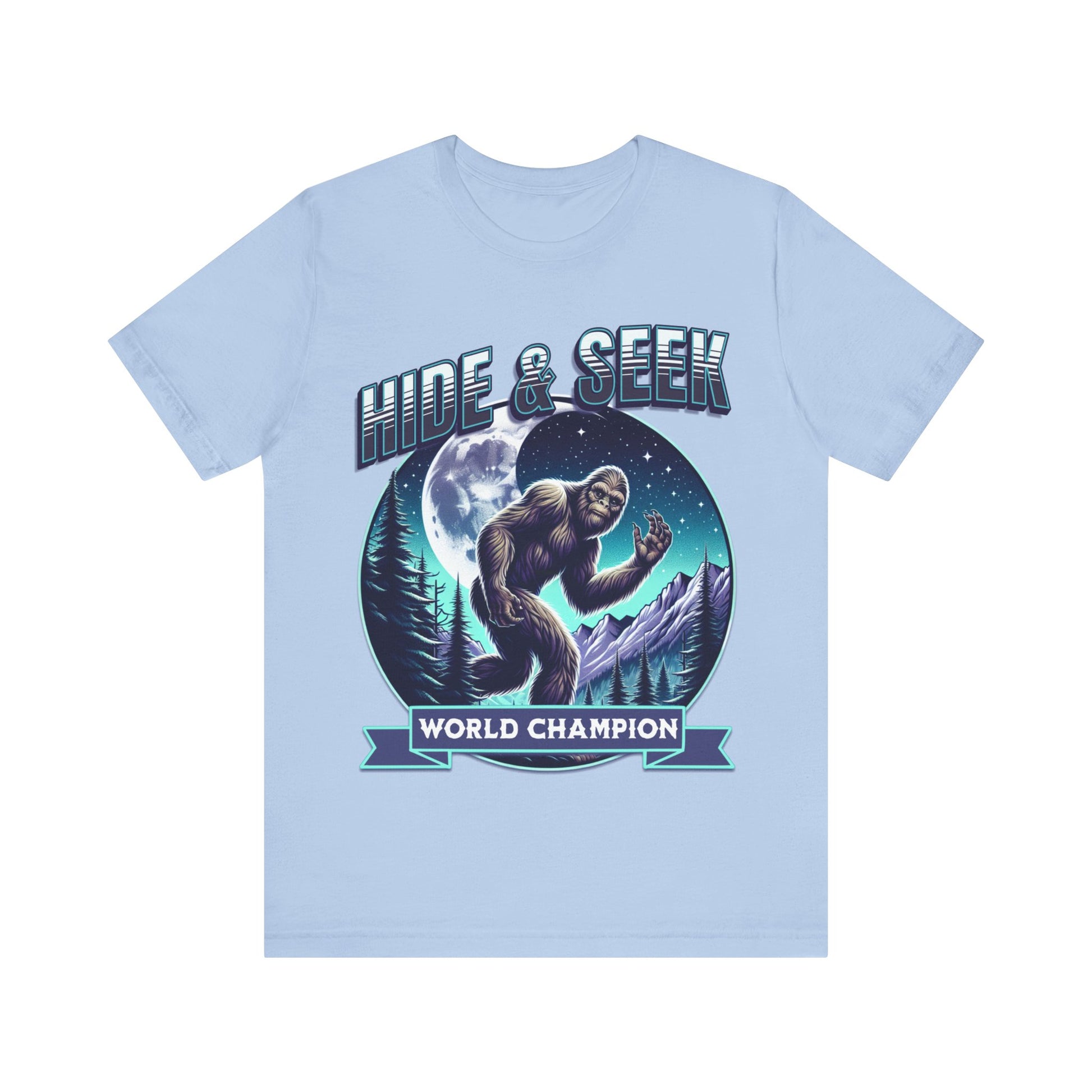 "Join the search with our 'Bigfoot - Hide and Seek World Champion' tee. Embrace the mystery and humor with this unique design. Get yours now!"