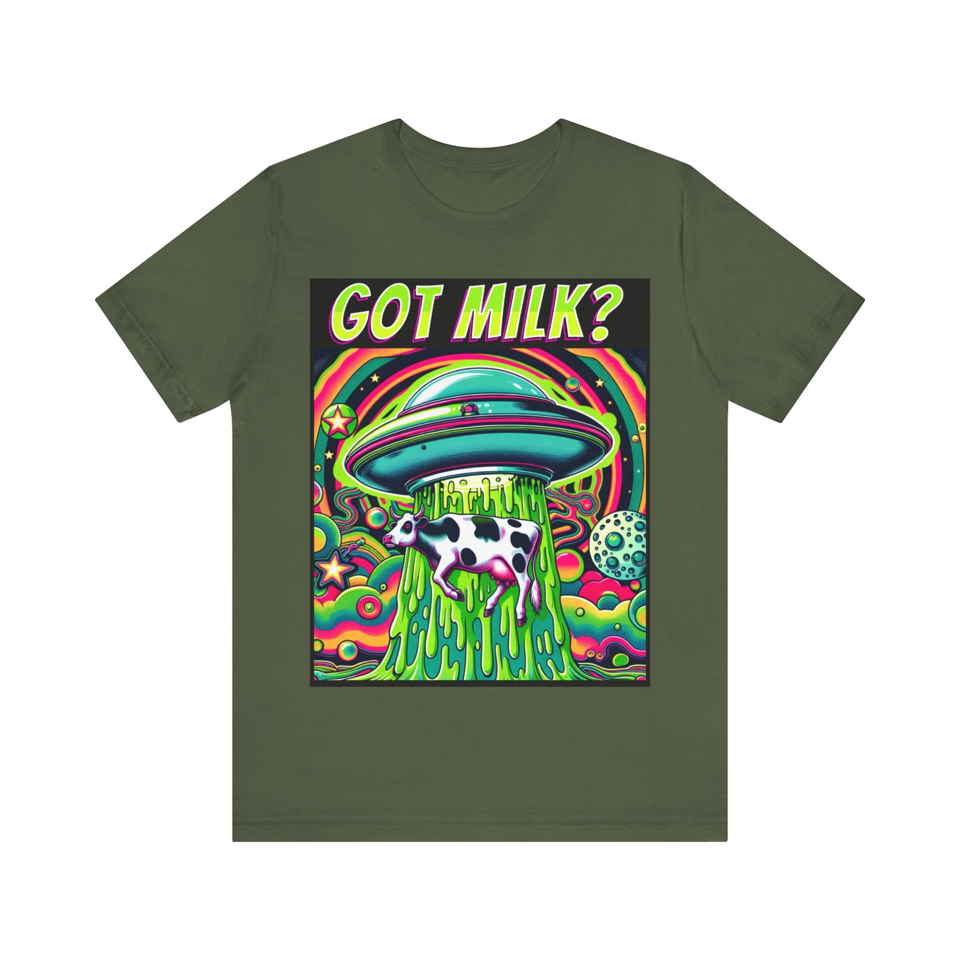"Whimsical 'Got Milk' t-shirt featuring an alien abduction scene with a playful twist."