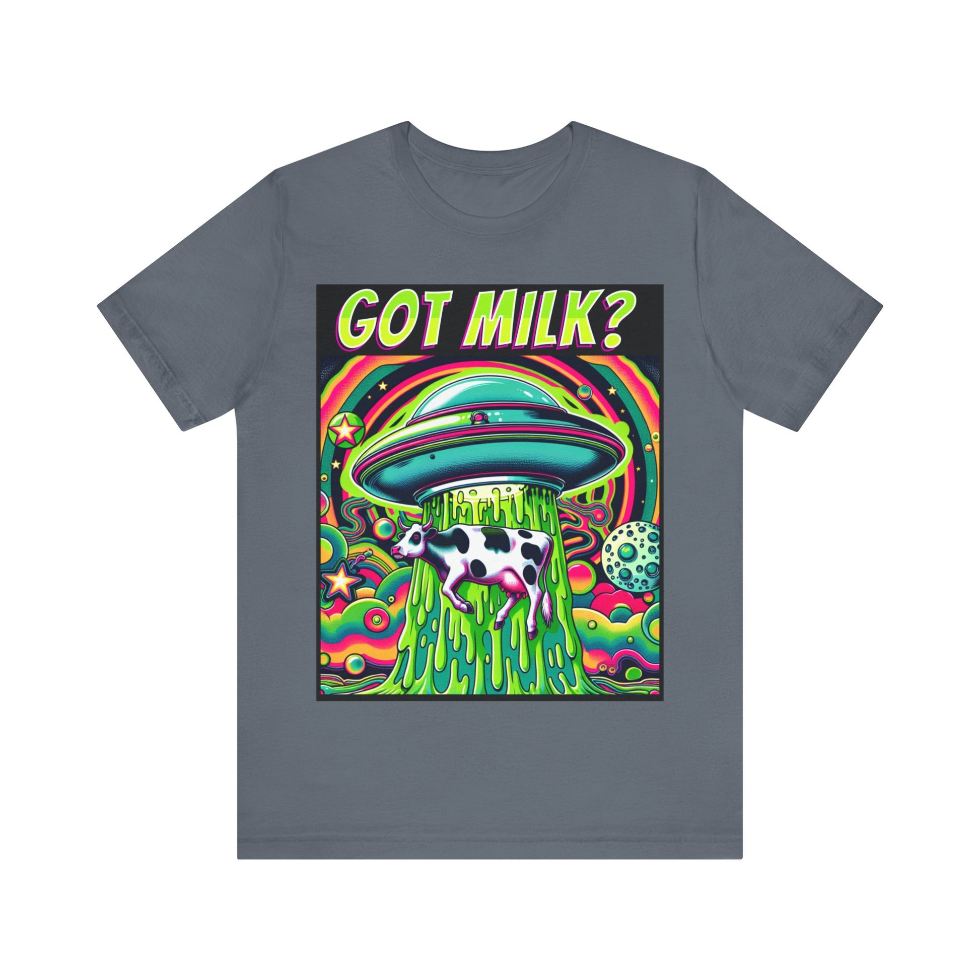 "Whimsical 'Got Milk' t-shirt featuring an alien abduction scene with a playful twist."