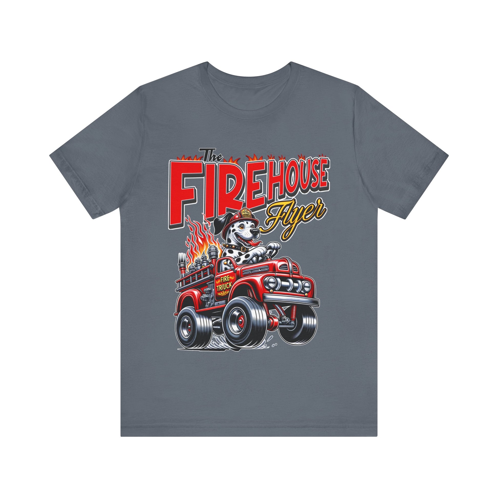 "Rev up your style with our 'Firehouse Flyer' tee, inspired by Big Daddy Roth's legendary designs. Blaze a trail with this fiery tribute. Get yours now!"
