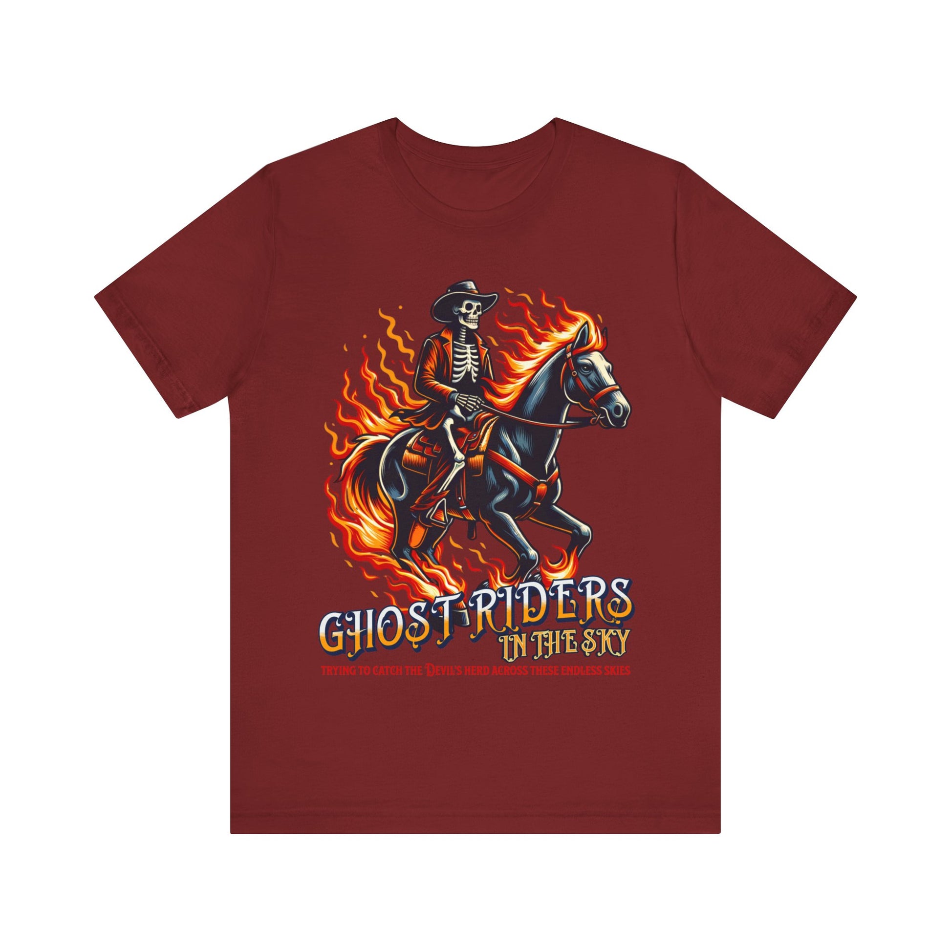 "Ride into the sunset with our 'Ghost Riders' tee, inspired by Johnny Cash's iconic song. Embrace the spirit of the wild west with this timeless design. Get yours now!"