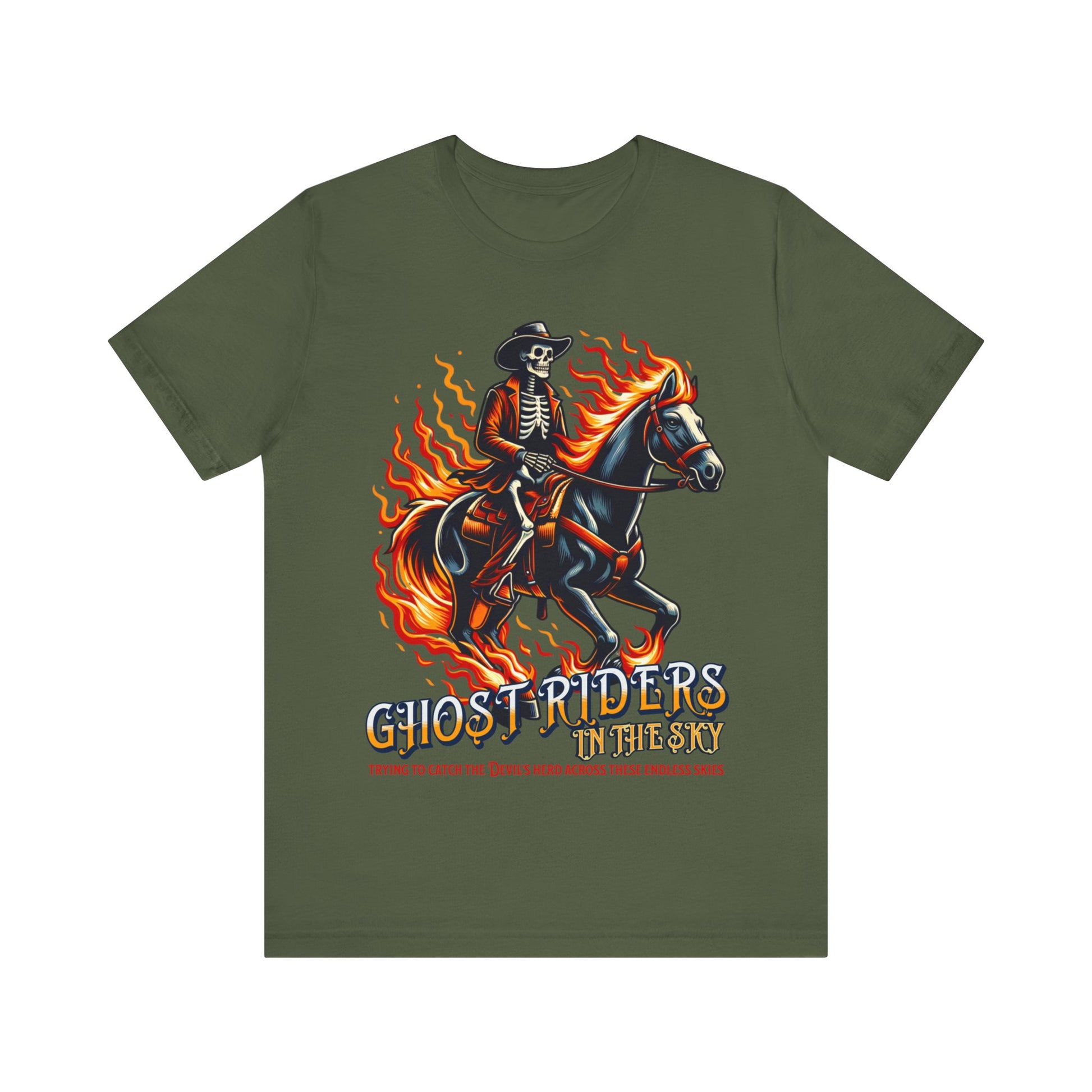 "Ride into the sunset with our 'Ghost Riders' tee, inspired by Johnny Cash's iconic song. Embrace the spirit of the wild west with this timeless design. Get yours now!"