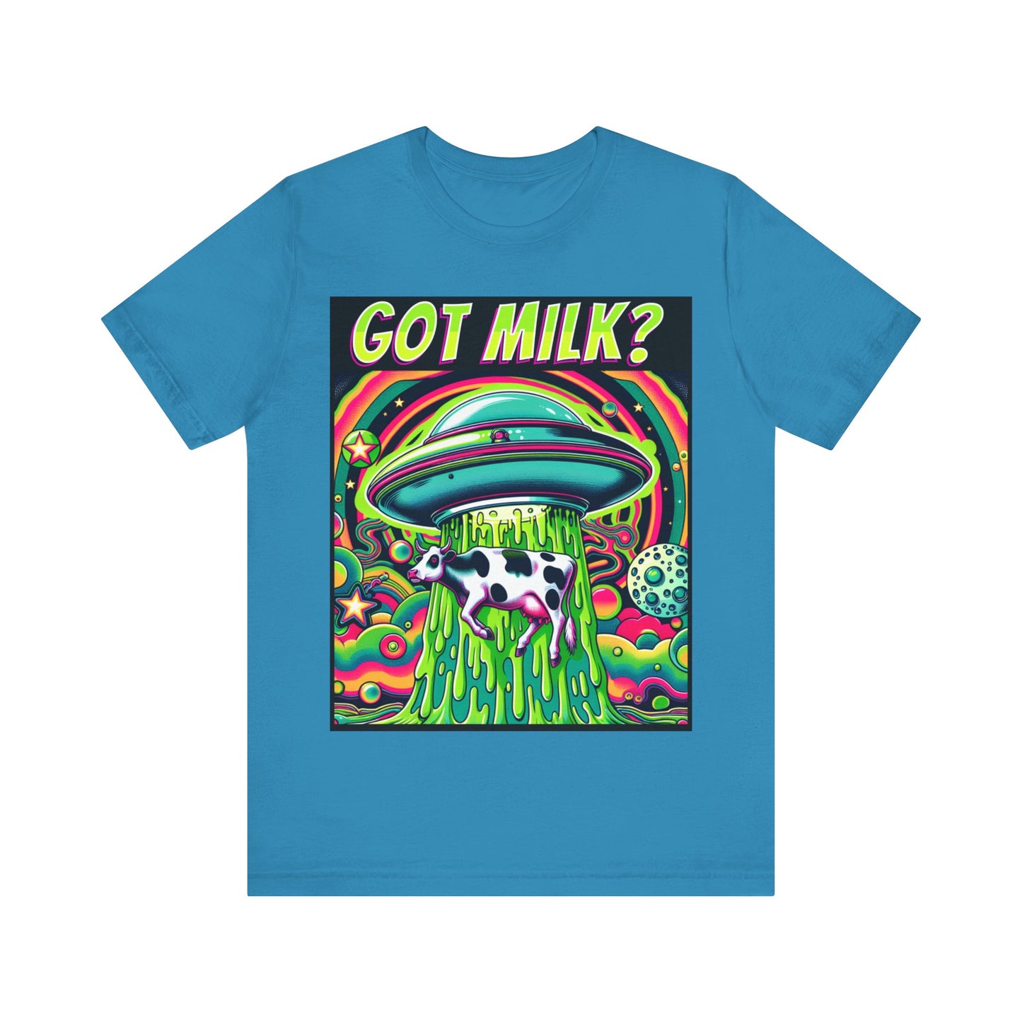 "Whimsical 'Got Milk' t-shirt featuring an alien abduction scene with a playful twist."