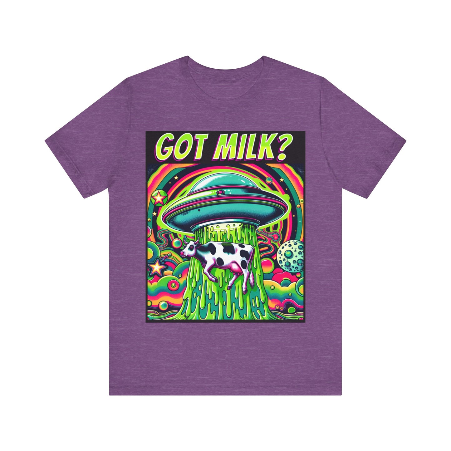 "Whimsical 'Got Milk' t-shirt featuring an alien abduction scene with a playful twist."