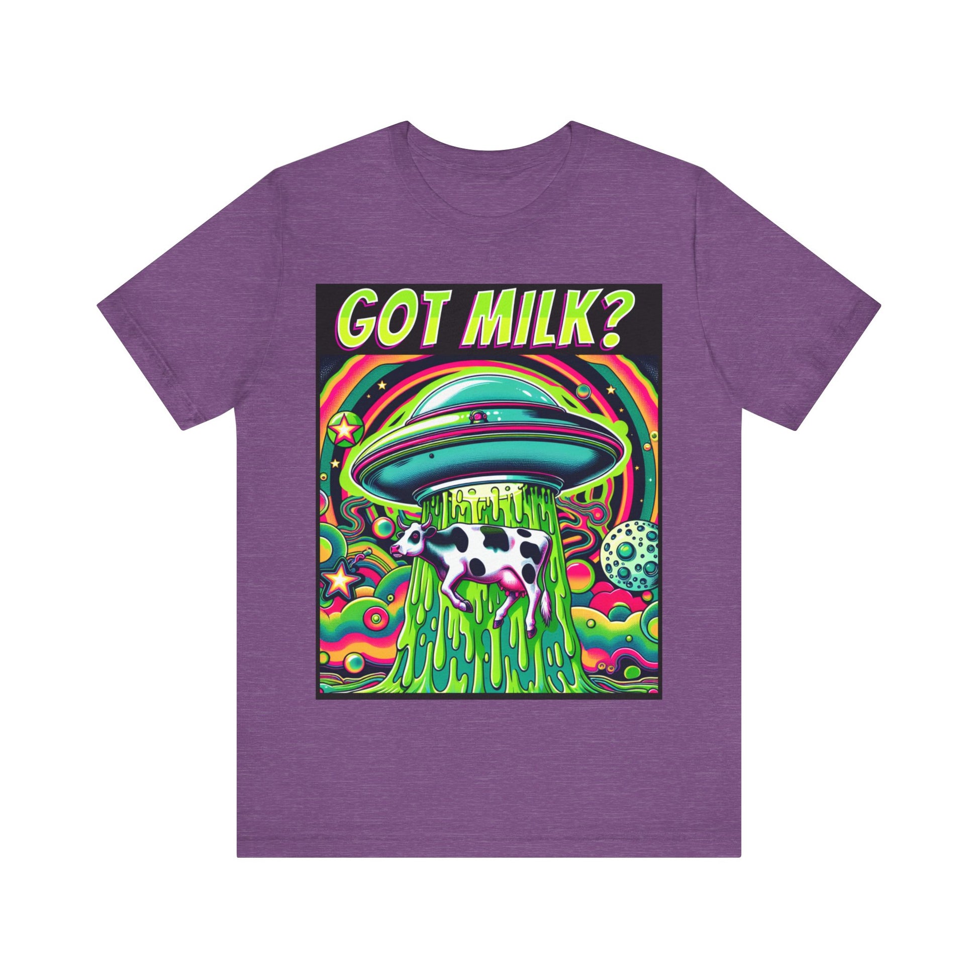 "Whimsical 'Got Milk' t-shirt featuring an alien abduction scene with a playful twist."