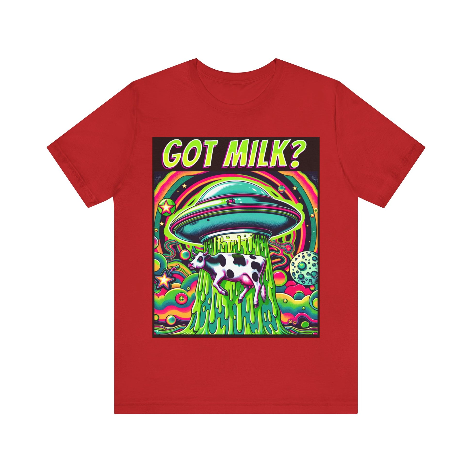 "Whimsical 'Got Milk' t-shirt featuring an alien abduction scene with a playful twist."