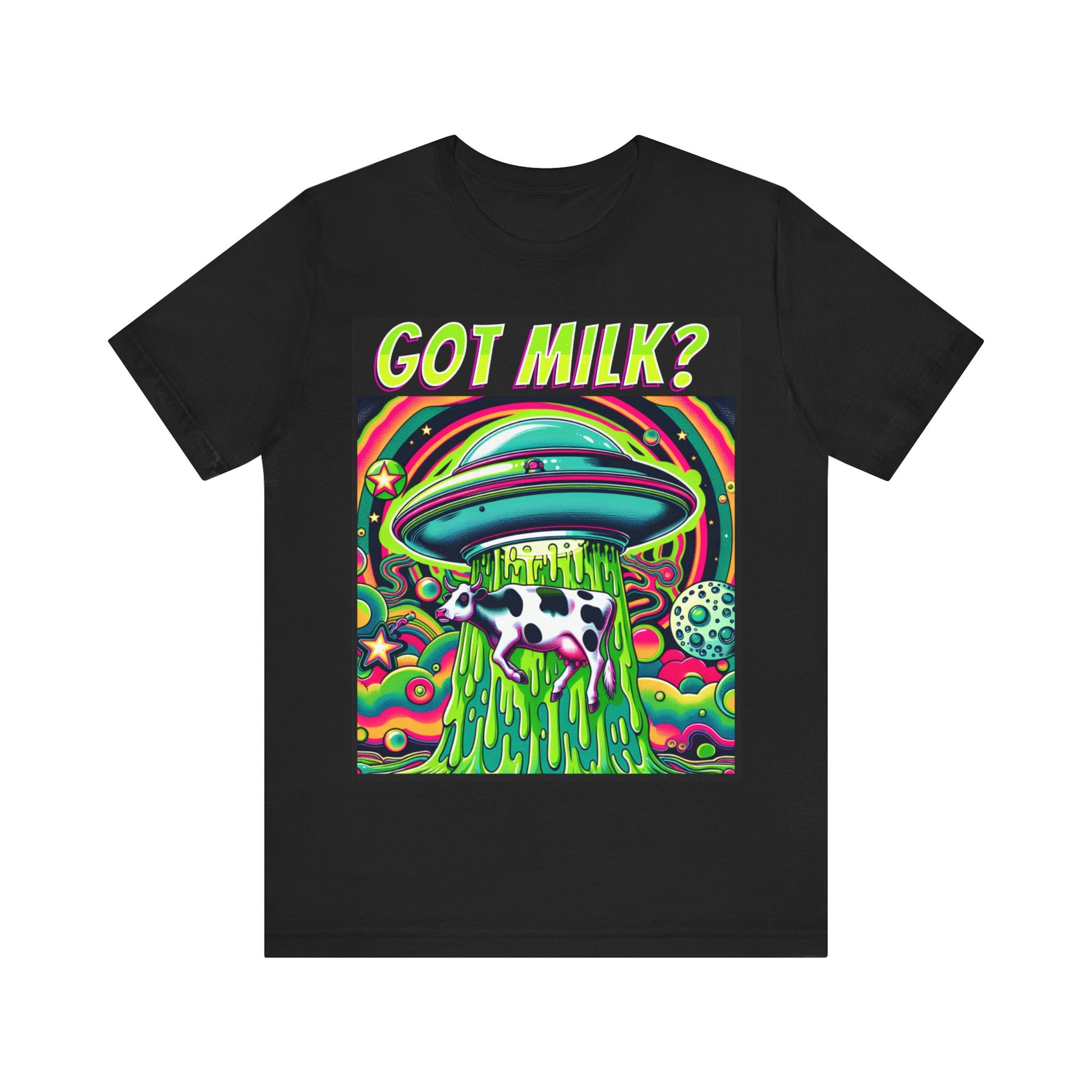 "Whimsical 'Got Milk' t-shirt featuring an alien abduction scene with a playful twist."
