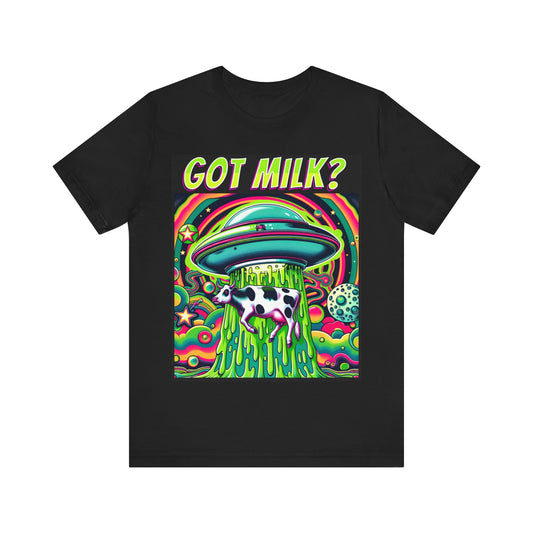 "Whimsical 'Got Milk' t-shirt featuring an alien abduction scene with a playful twist."