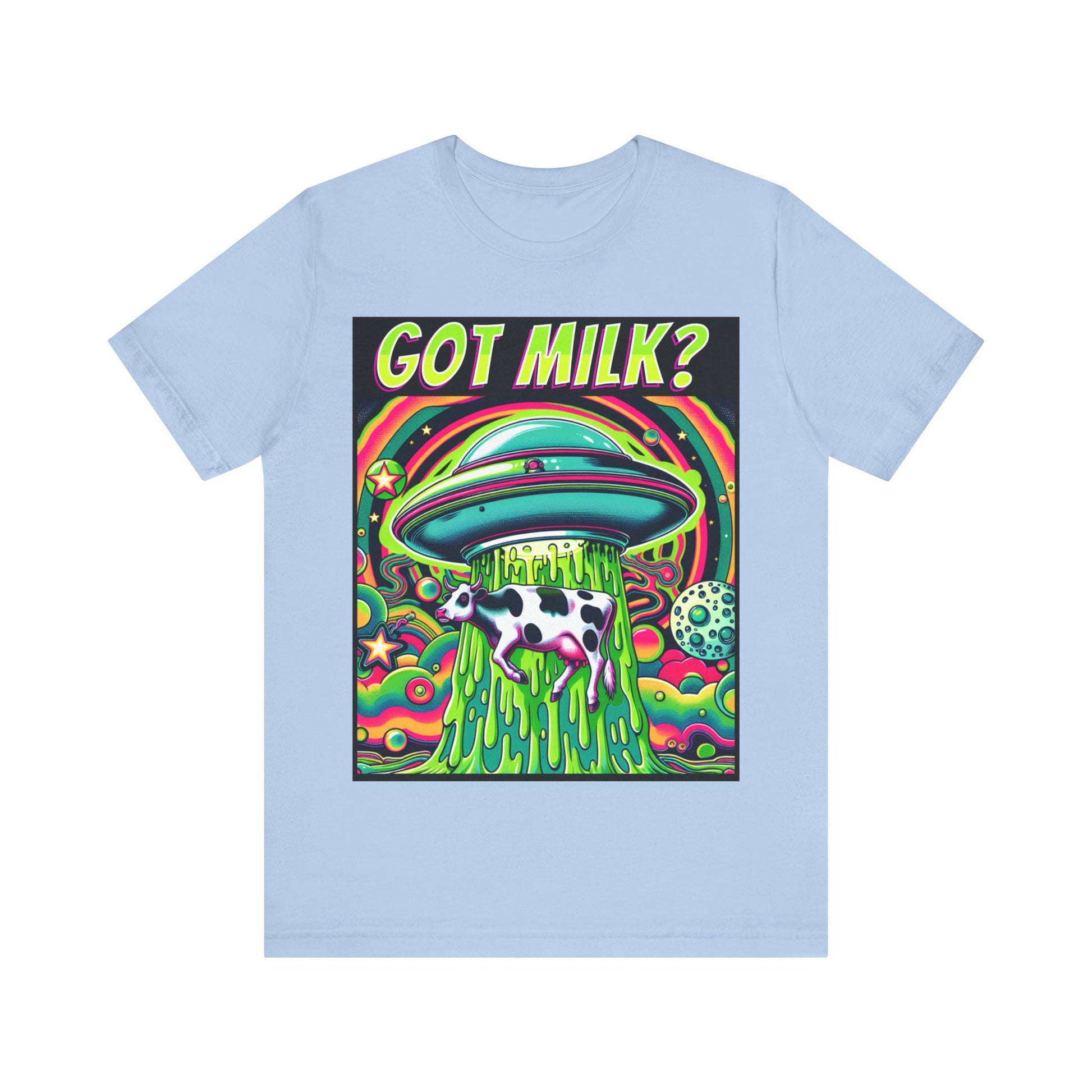 "Whimsical 'Got Milk' t-shirt featuring an alien abduction scene with a playful twist."