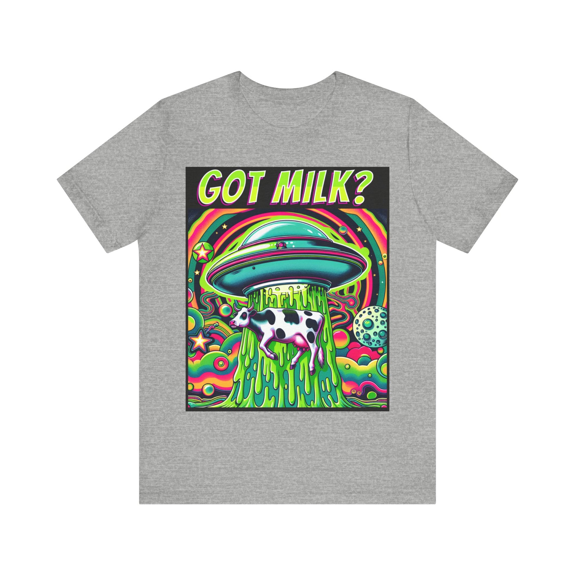 "Whimsical 'Got Milk' t-shirt featuring an alien abduction scene with a playful twist."