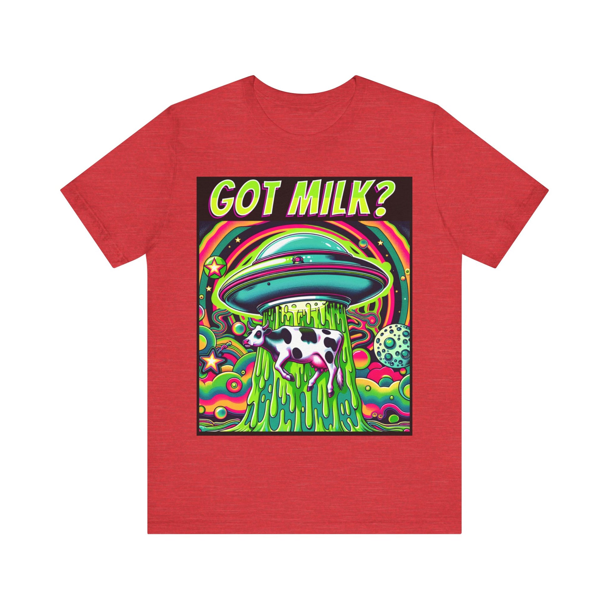 "Whimsical 'Got Milk' t-shirt featuring an alien abduction scene with a playful twist."