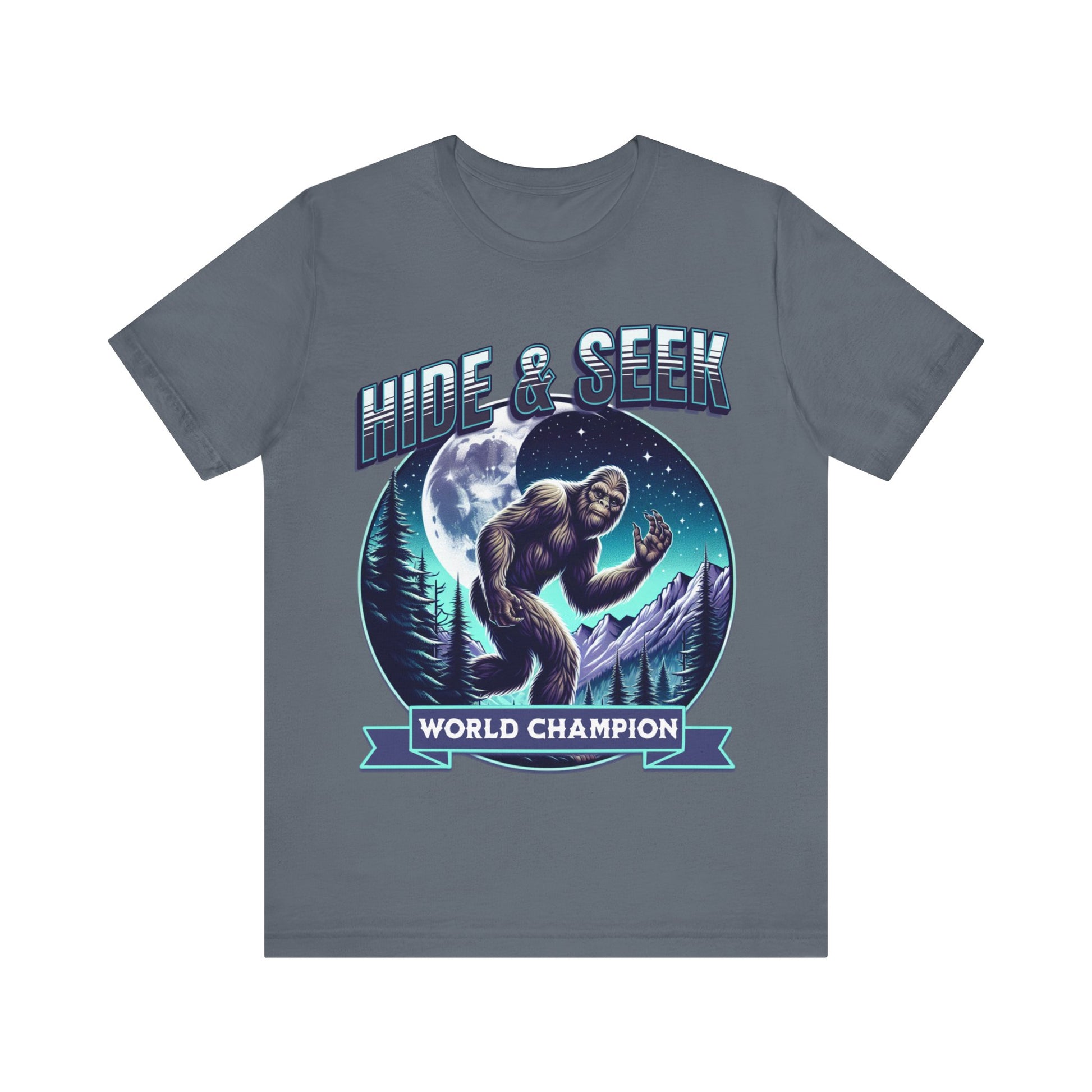 "Join the search with our 'Bigfoot - Hide and Seek World Champion' tee. Embrace the mystery and humor with this unique design. Get yours now!"